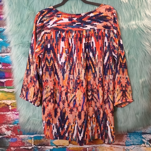 A.N.A Orange Blue and White Multi Color V-Neck Front Tie Long Sleeve Top Size L - Picture 3 of 9